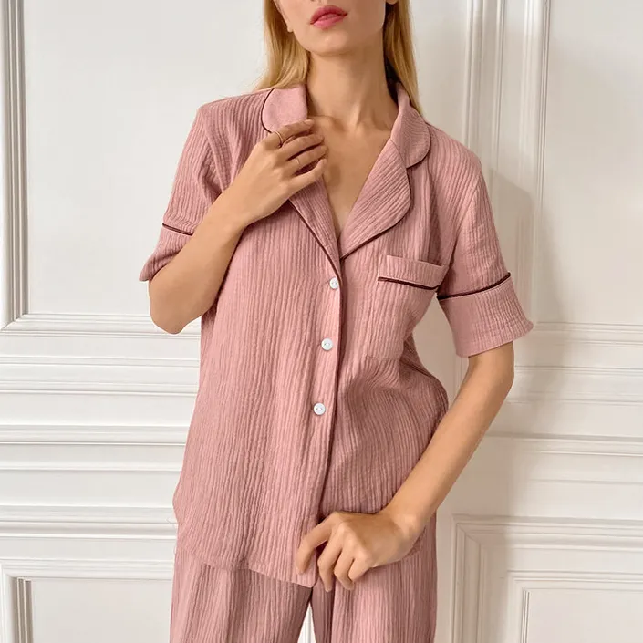 Cotton Muslin Gauze Lady′s Lactation Sleepwear Nursing Pajamas Nightwear